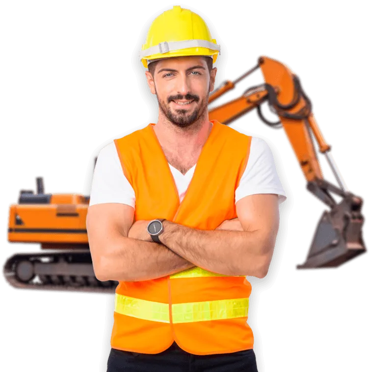 operatore sorridente con casco di protezione e macchina movimento terra sullo sfondo